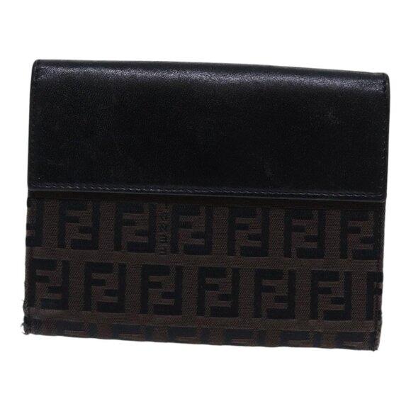 FENDI Zucchino Canvas Wallet Brown Silver Auth - Picture 3 of 15